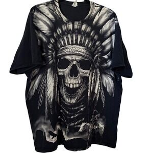 Vtg Mens Skull Headdress Indian Graphic Tee Black Y2K All Over Print T-Shirt 2XL